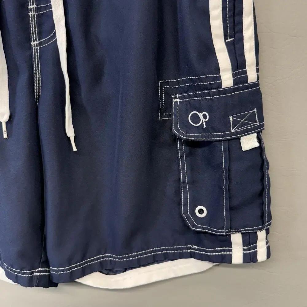 OP Ocean Pacific Board Shorts Mens Large 36/38 Navy Blue Cargo Swim Trunks Lined